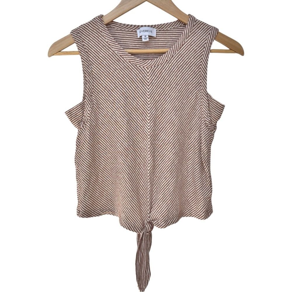 Evereve Sleeveless Stripe Tie Front Linen Blend Lightweight Tank Top. Medium.